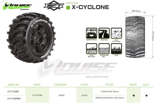 Колеса в сборе (2шт) Louise RC MFT X-CYCLONE для автомоделей Arrma Kraton 1/5 8S, черные диски, HEX: 24мм фото 3
