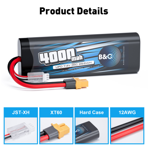 Аккумулятор Li-po B&C 4000 MAH 7.4v (2s) 35C, XT60, Закругленный-Hard case фото 3