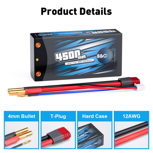 Аккумулятор Li-po B&C 4500 MAH 7.4v (2s) 90С, 4мм + T-Plug (Short pack), Hardcase фото 3