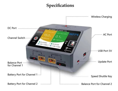 Зарядное-разрядное устройство HOTA D6 Pro AC/DC для LiPo аккумуляторов FPV (Серый цвет) фото 4