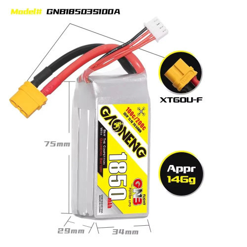 Аккумулятор Li-po GNB 1850mah 3S1P 11.1V 100C 29x34x75mm XT60 фото 4
