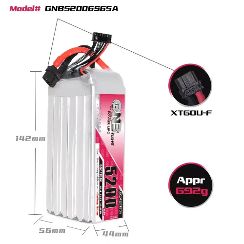 Аккумулятор Li-po Gaoneng GNB 5200mah 6S1P 22.2V 65C 56x44x142mm XT60 фото 4