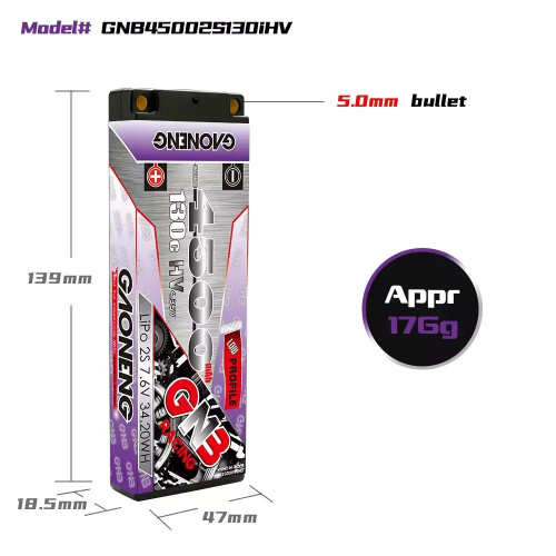 Аккумулятор Li-po Gaoneng GNB 4500MAH 7.6V 2S1P 130C LCG, 18.5x47x139mm фото 4