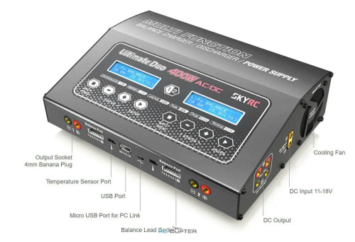 Двухканальное зарядное устройство для аккумуляторов SkyRC D400 (220V, 400W, C:20A, D:5A) фото 4