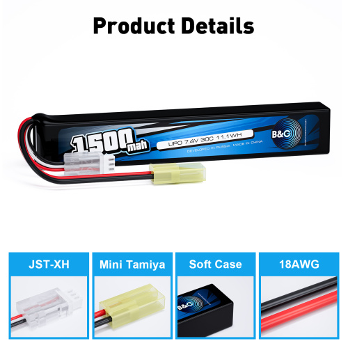 Аккумулятор для страйкбола Li-po B&C 1500 MAH 7.4V (2s) 30C, Mini Tamiya, Soft case фото 3