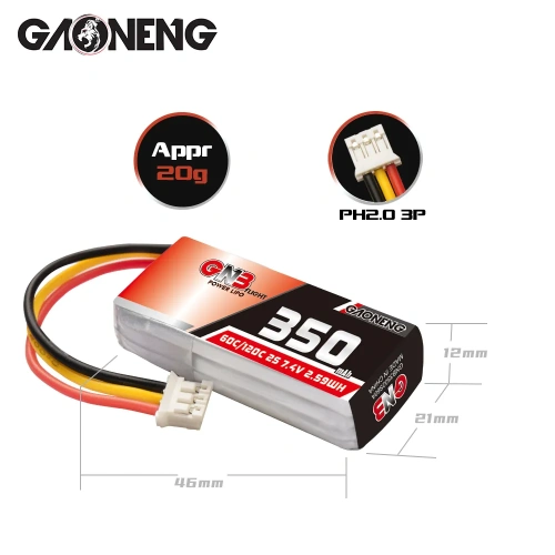 Аккумулятор Li-po GAONENG GNB 350mAh 2S1P 7.4V 60C LiPo Battery PH2.0 3Pin Connector фото 2