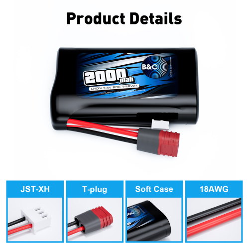 Аккумулятор Li-ion B&C 2000mah 7,4 (2s), T-plug, Soft case (для RemoHobby 1/16) фото 3