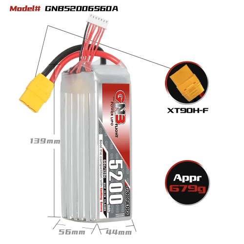 Аккумулятор LiPo GAONENG GNB 5200mAh 6S1P 22.2V 60C 139х44х56mm XT90S фото 2