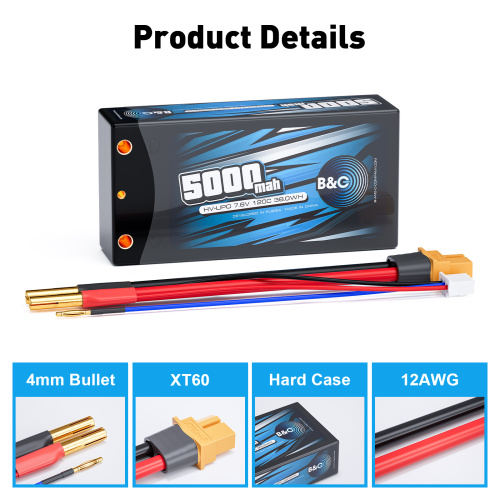 Аккумулятор Li-po B&C 5000 MAH 7.6v (2s HV) 120c, 4мм + XT60 (Short pack) Hardcase фото 3