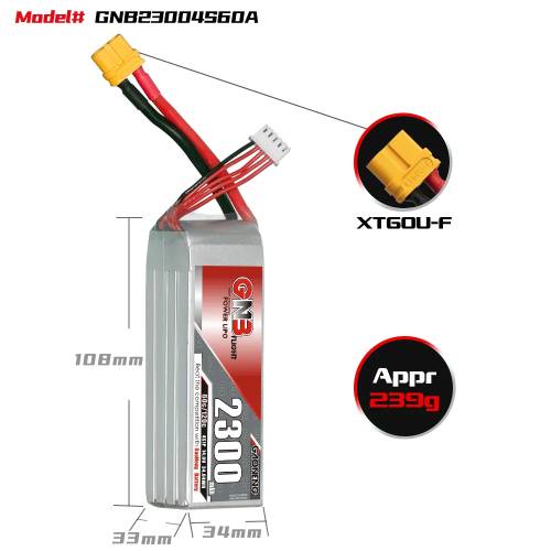 Аккумулятор LiPo GAONENG GNB 2300mAh 4S1P 14.8V 60C 108х34х33mm XT60 фото 2