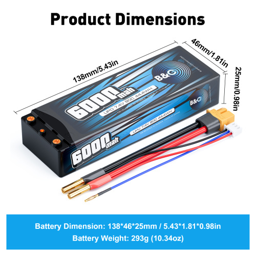 Аккумулятор Li-po B&C 6000 MAH 7.4v (2s), 90C, 4мм + XT60, Hard case фото 2