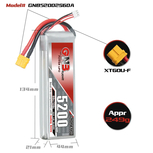Аккумулятор LiPo GAONENG GNB 5200mAh 2S1P 7.4V 60C 134х44х34mm XT60 фото 2