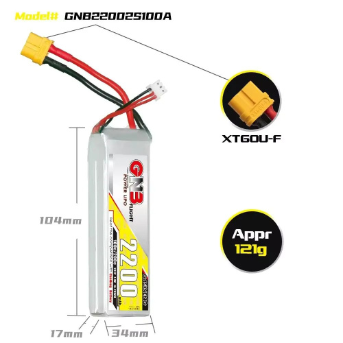 Аккумулятор Li-po Gaoneng GNB 2200mah 2S1P 7.4V 100C 17x34x104mm XT60 фото 2
