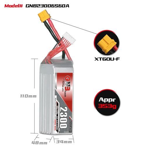 Аккумулятор LiPo GAONENG GNB 2300mAh 6S1P 22.2V 60C 110х34х48mm XT90S фото 2