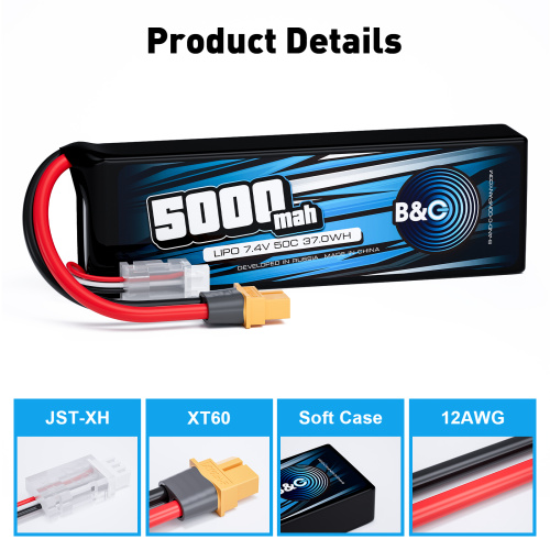 Аккумулятор Li-po B&C 5000 MAH 7.4v (2s), 50C, XT60, Soft case фото 3