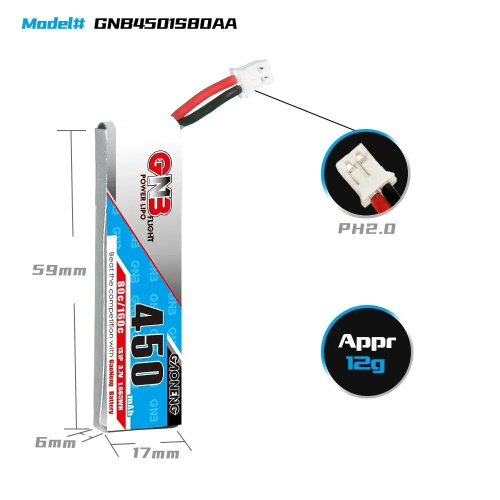 Аккумулятор Li-po Gaoneng GNB 450mah 1S1P 3.7V 80C 6x17x59mm фото 2