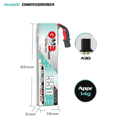 Аккумулятор Li-po Gaoneng GNB 550mah 1S1P 3.7V 90C A30 6x18x66mm фото 2