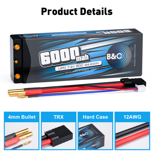 Аккумулятор Li-po B&C 6000 MAH 7.4v (2s), 90C, 4мм + TRX, Hard case фото 3