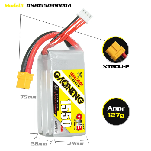 Аккумулятор LiPo GAONENG GNB 1550mAh 3S 11.1V 100C XT60 фото 3