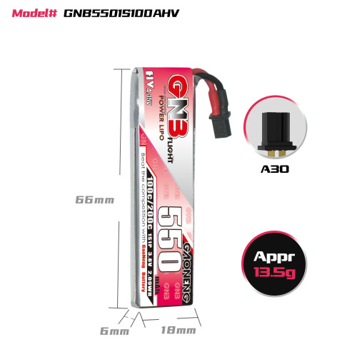 Аккумулятор GNB Li-po 550mah 1S1P 3.8V HV 100C 6*18*66mm CABLED A30 фото 3