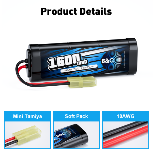 Аккумулятор NiMH B&C 6-Cells 1600 MAH 7.2V , Mini Tamiya фото 3