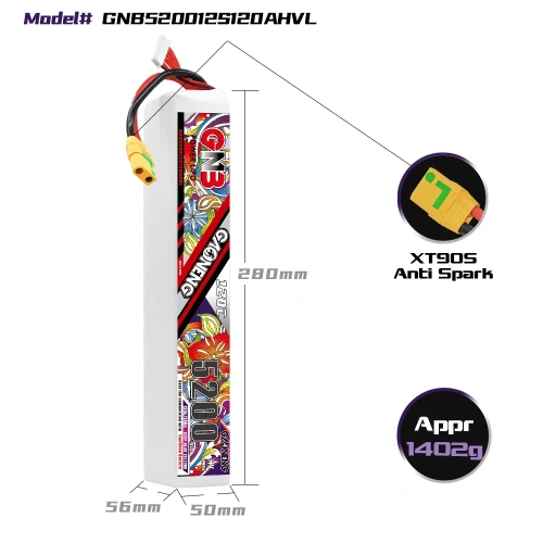 Аккумулятор LiPo GAONENG GNB 5200mAh 12S1P 45.6V 120C 280х50х56mm XT90S фото 2