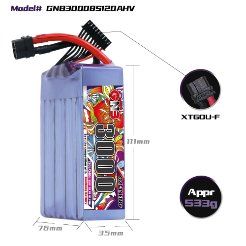 Аккумулятор LiPo GAONENG GNB 3000mAh 8S1P 30.4V 120C 111х35х76mm XT90S фото 2