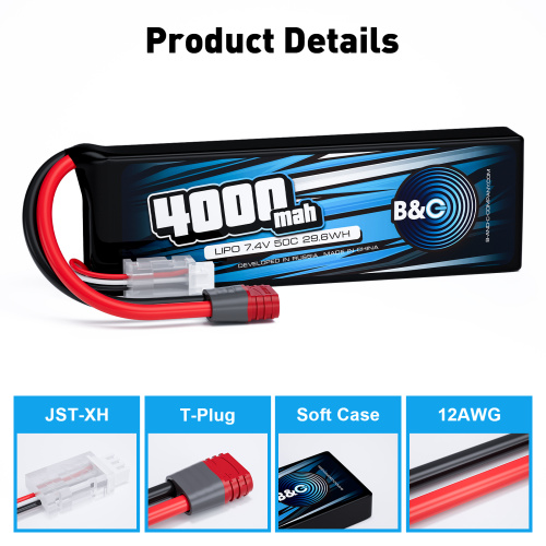 Аккумулятор Li-po B&C 4000 MAH 7.4V (2s) 50C, T-plug, Soft case фото 3
