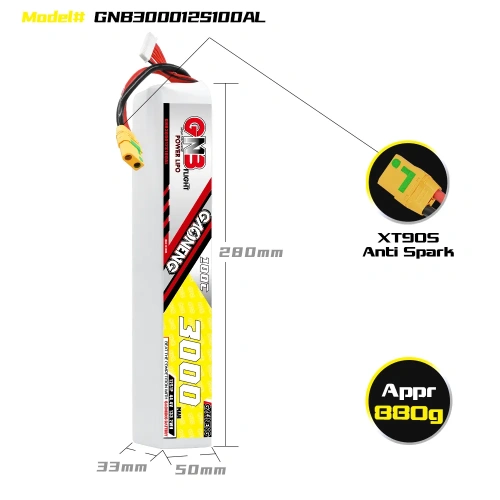 Аккумулятор LiPo GAONENG GNB 3000mAh 12S1P 44.4V 100C 280х50х33mm XT90S фото 2