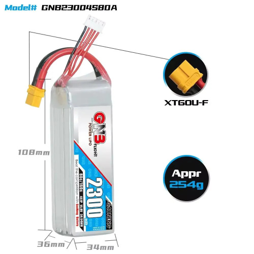Аккумулятор Li-po Gaoneng GNB 2300mah 4S1P 14.8V 80C 36x34x108mm XT60 фото 4