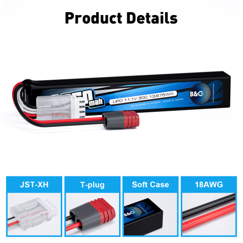 Аккумулятор для страйкбола Li-po B&C 1250 MAH 11.1V (3s) 30C, T-plug, Soft case фото 3