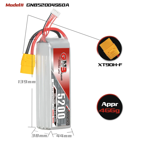 Аккумулятор LiPo GAONENG GNB 5200mAh 4S1P 14.8V 60C 139х44х38mm XT90S фото 2